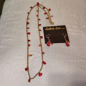 Cookie Lee Vintage Red Beaded Long Station Necklace & Matching Dangle Earrings